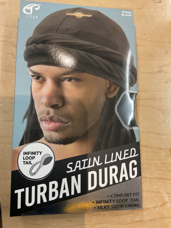 #11421 Black Satined Lined TURBAN DURAG