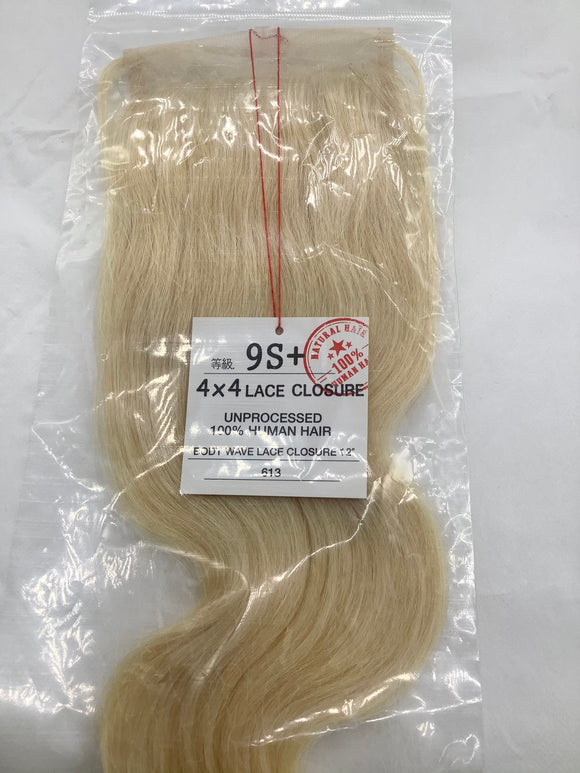 9S+ 4X4 Body Wave Lace Closure  100% Human Hair